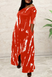 Red Fashion Casual Print Asymmetrical O Neck Long Sleeve Dresses