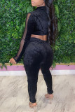 Black Sexy Patchwork See-through Asymmetrical Zipper Collar Long Sleeve Two Pieces