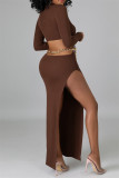 Brown Fashion Sexy Solid Hollowed Out Slit O Neck Long Sleeve Dresses (Without Waist Chain)