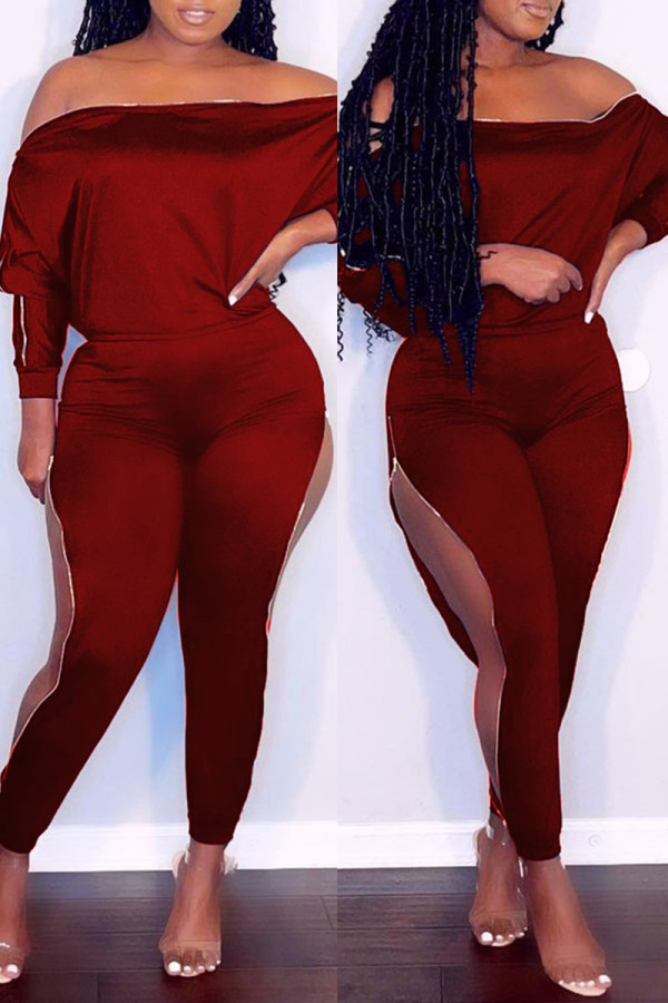 Burgundy Fashion Casual Solid Hollowed Out Off the Shoulder Long Sleeve Two Pieces