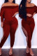 Burgundy Fashion Casual Solid Hollowed Out Off the Shoulder Long Sleeve Two Pieces