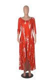 Red Fashion Casual Print Asymmetrical O Neck Long Sleeve Dresses