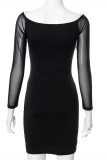 Black Fashion Sexy Patchwork See-through Off the Shoulder Long Sleeve Dresses
