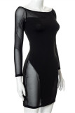 Black Fashion Sexy Patchwork See-through Off the Shoulder Long Sleeve Dresses