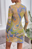 Multicolor Fashion Sexy Print See-through Half A Turtleneck Long Sleeve Dresses