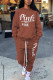 Coffee Casual Letter Patchwork O Neck Long Sleeve Two Pieces