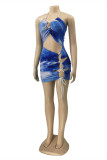 Blue Sexy Print Bandage Hollowed Out Backless Halter Sleeveless Dress
