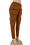 Red Street Solid Split Joint Pocket Straight High Waist Straight Patchwork Bottoms