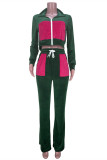 Dark Green Fashion Casual Patchwork Cardigan Pants Zipper Collar Long Sleeve Two Pieces