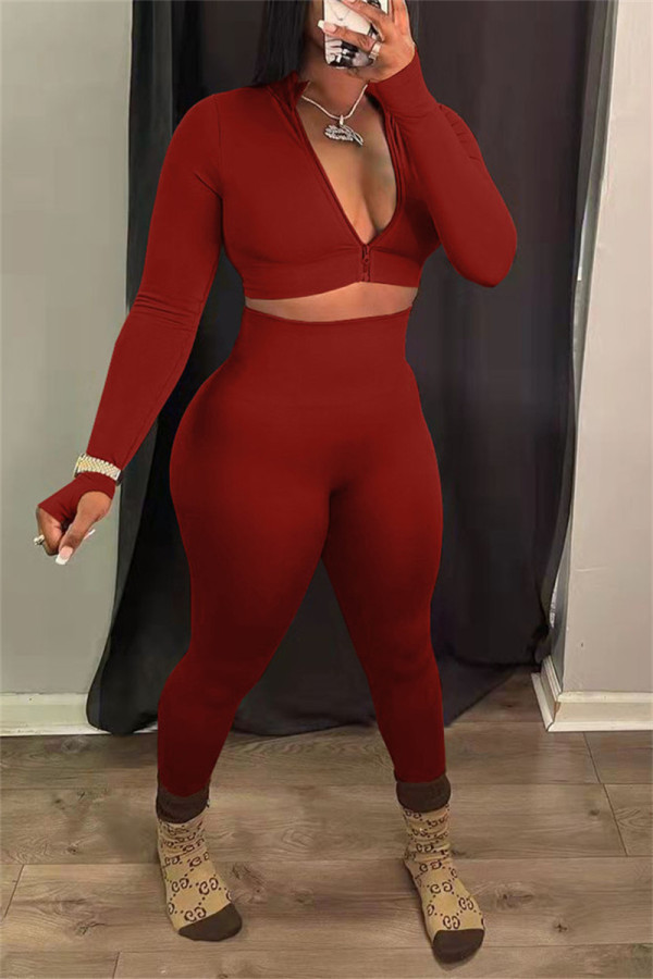 Burgundy Fashion Casual Solid Basic Zipper Collar Long Sleeve Two Pieces