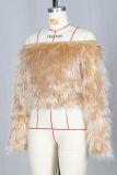 White Artificial fur One word collar Long Sleeve Solid Long Sleeve Tops
