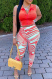 Red Fashion Casual Striped Vests Pants Zipper Collar Sleeveless Two Pieces