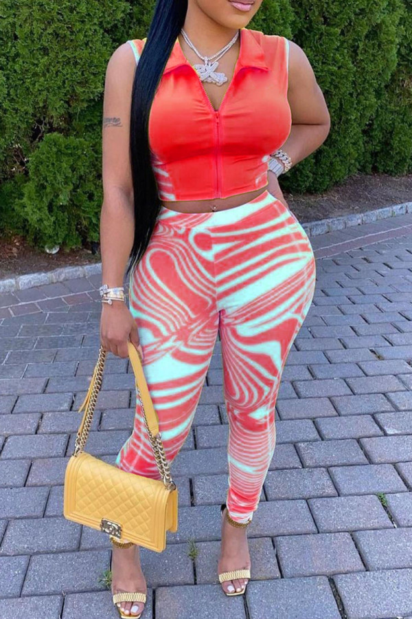 Red Fashion Casual Striped Vests Pants Zipper Collar Sleeveless Two Pieces