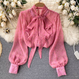 Pink Sexy Print Bandage Split Joint Buckle V Neck Tops