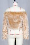 White Artificial fur One word collar Long Sleeve Solid Long Sleeve Tops