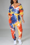 Multicolor Fashion Casual Print Tie Dye Pocket V Neck Regular Jumpsuits