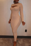 Apricot Fashion Sexy Solid Hollowed Out Patchwork O Neck Long Sleeve Dresses