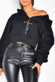 Black Casual Embroidery Patchwork Hooded Collar Tops