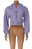Purple Casual Embroidery Patchwork Hooded Collar Tops