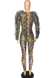 Yellow Sexy Print Split Joint See-through Fold Mesh V Neck Long Sleeve Two Pieces