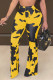 Yellow Elastic Fly Mid Print Boot Cut Pants Bottoms