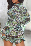 Green Sexy Print Patchwork Chains Flounce V Neck Straight Jumpsuits