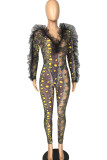 Yellow Sexy Print Split Joint See-through Fold Mesh V Neck Long Sleeve Two Pieces