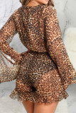 Leopard Print Sexy Print Patchwork Chains Flounce V Neck Straight Jumpsuits