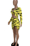 Yellow Sexy Print Hollowed Out Patchwork Asymmetrical V Neck One Step Skirt Dresses