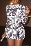 White Fashion Casual Print Basic O Neck Long Sleeve Dresses