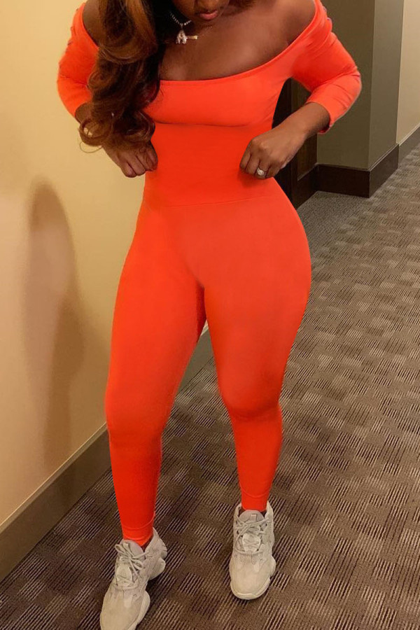 Tangerine Sexy Solid Patchwork Off the Shoulder Skinny Jumpsuits
