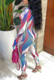 Powder Blue Fashion Casual Print Bandage Hollowed Out O Neck Skinny Jumpsuits