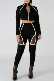 Red Casual Sportswear Patchwork See-through Zipper Collar Long Sleeve Two Pieces