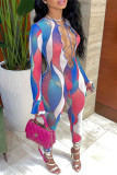 Powder Blue Fashion Casual Print Bandage Hollowed Out O Neck Skinny Jumpsuits