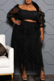 Black Sexy Solid Split Joint See-through Off the Shoulder Plus Size Two Pieces