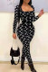 Black Fashion Casual Print Patchwork Square Collar Jumpsuits