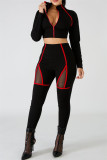 Red Casual Sportswear Patchwork See-through Zipper Collar Long Sleeve Two Pieces