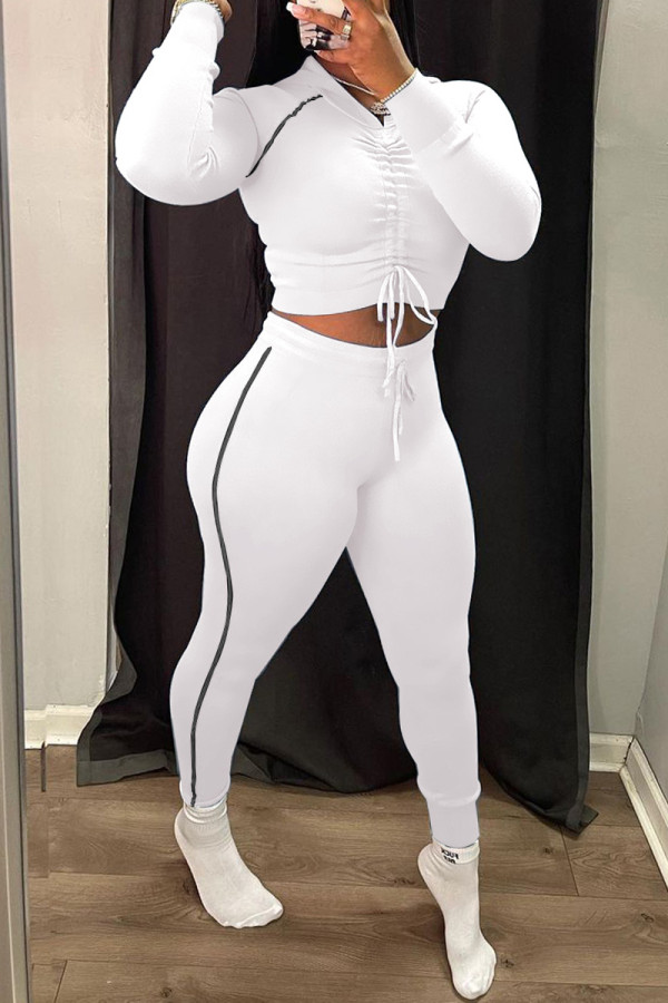White Fashion Casual Solid Bandage Draw String V Neck Long Sleeve Two Pieces