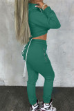 Ink Green Fashion Casual Solid Bandage Hooded Collar Long Sleeve Two Pieces