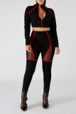 Red Sexy Solid Hollowed Out Zipper Collar Long Sleeve Two Pieces