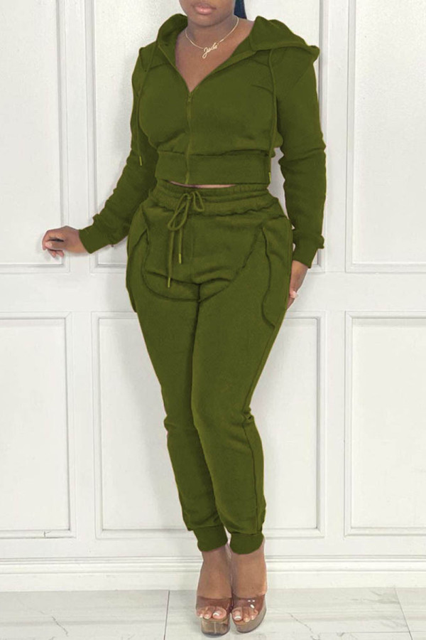 Army Green Fashion Casual Solid Zipper Hooded Collar Long Sleeve Two Pieces