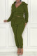 Army Green Fashion Casual Solid Zipper Hooded Collar Long Sleeve Two Pieces
