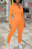 Orange Fashion Casual Solid Basic Zipper Collar Long Sleeve Two Pieces