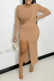 Red Sexy Casual Solid Hollowed Out Slit O Neck Long Sleeve Two Pieces