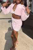 Pink Fashion Sexy Solid Cardigan Long Sleeve Two Pieces