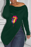 Pink Fashion Casual Lips Printed Slit Zipper O Neck Tops