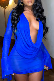 Blue Fashion Sexy Solid See-through V Neck Long Sleeve Top Skirt Two-piece Set