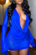 Blue Fashion Sexy Solid See-through V Neck Long Sleeve Top Skirt Two-piece Set