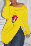 Pink Fashion Casual Lips Printed Slit Zipper O Neck Tops