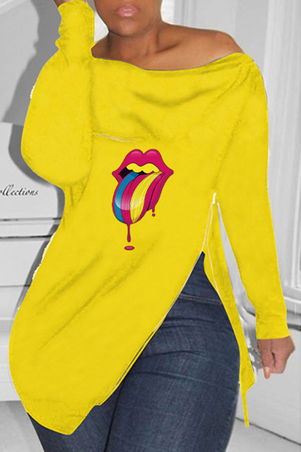 Yellow Fashion Casual Lips Printed Slit Zipper O Neck Tops